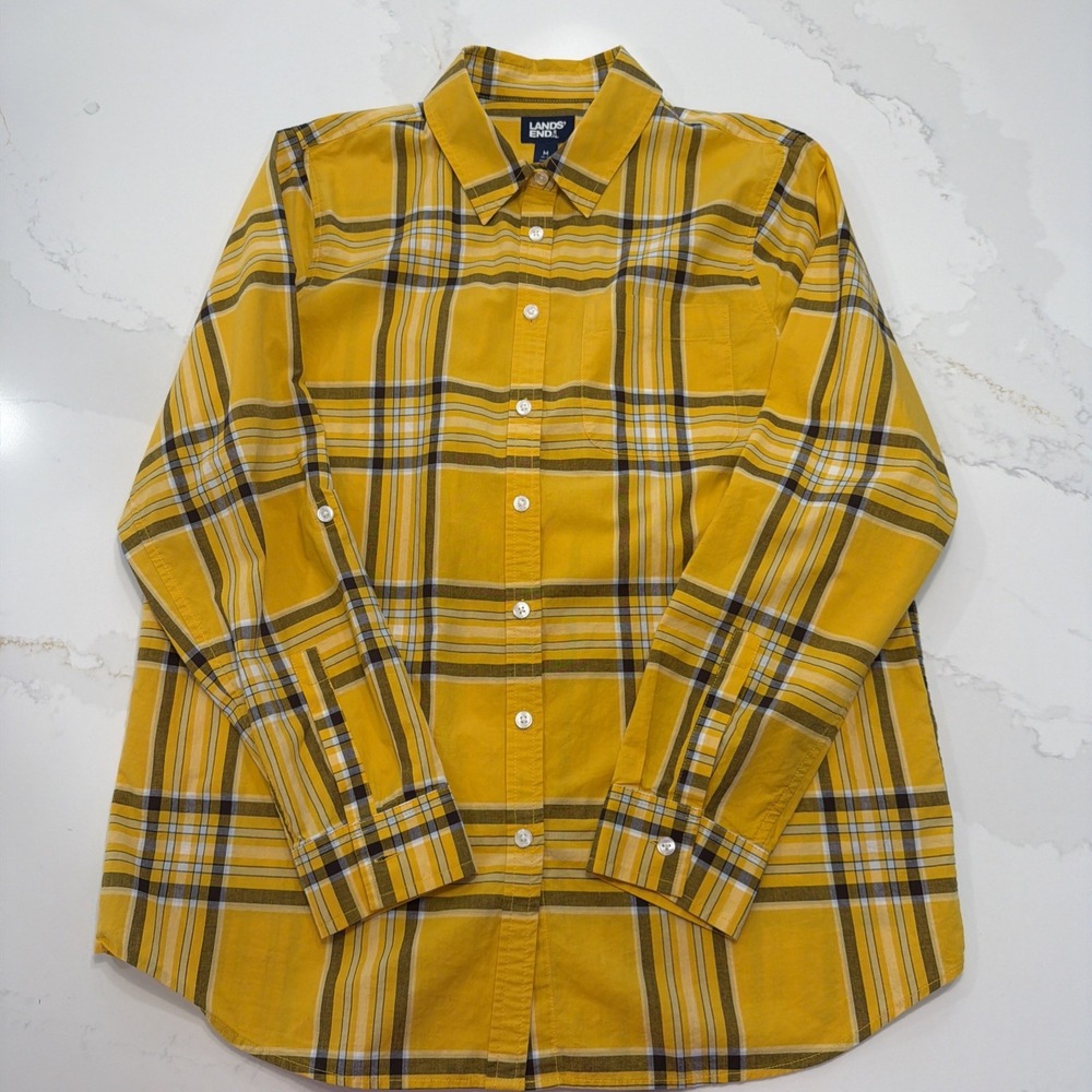 Lands' End Button-Up Shirt Men M Yellow EUC Plaid Long Sleeve Cotton Pocket